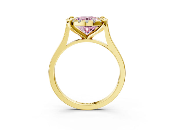 Yellow gold Fancy Pink Round  Diamond Cluster Halo Solitaire with Four-Prong Setting