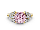 Yellow gold Fancy Pink Round  Diamond Cluster Leaf Design Ring with Prong Setting