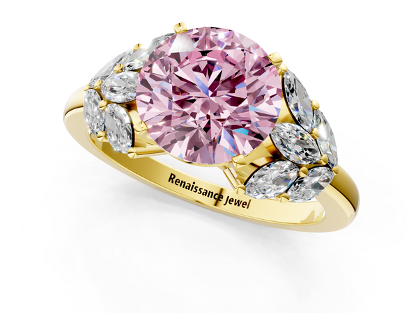 Yellow gold Fancy Pink Round  Diamond Cluster Leaf Design Ring with Prong Setting