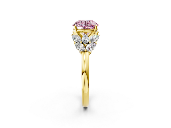 Yellow gold Fancy Pink Round  Diamond Cluster Leaf Design Ring with Prong Setting