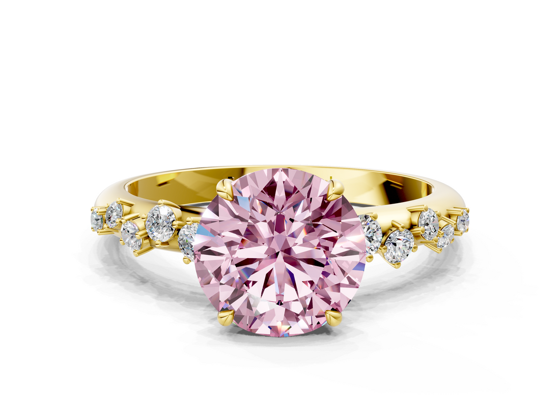 Yellow gold Fancy Pink Round  Diamond Cluster Prong-Set Solitaire Ring
