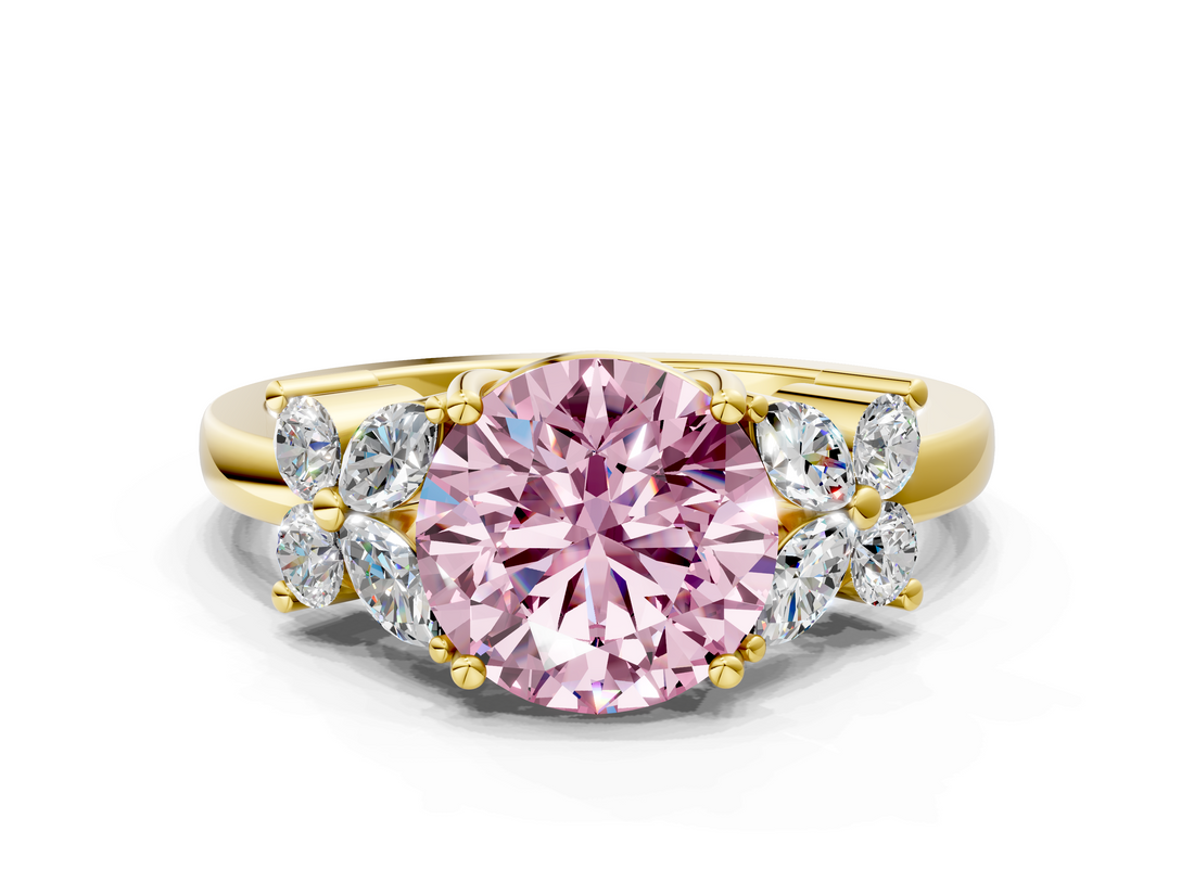 Yellow gold Fancy Pink Round  Diamond Floral Cluster Ring with Solitaire Band and Prong Setting