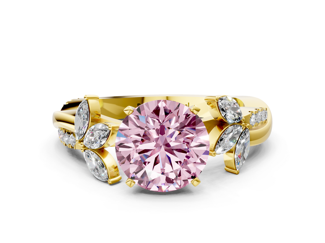 Yellow gold Fancy Pink Round  Diamond Floral Vine Solitaire Engagement Ring