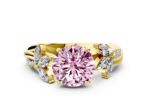 Yellow gold Fancy Pink Round  Diamond Floral Vine Solitaire Engagement Ring