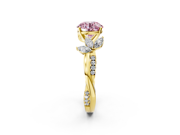 Yellow gold Fancy Pink Round  Diamond Floral Vine Solitaire Engagement Ring