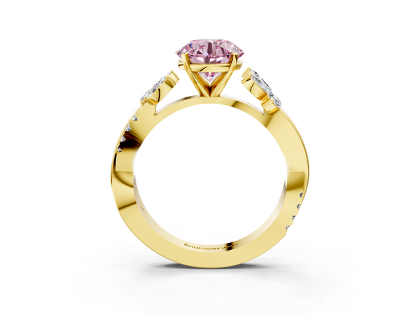 Yellow gold Fancy Pink Round  Diamond Floral Vine Solitaire Engagement Ring