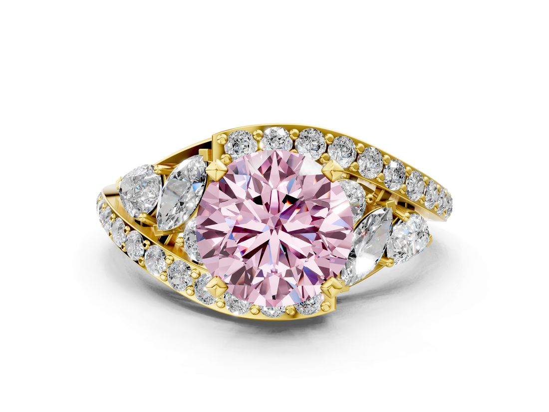 Yellow gold Fancy Pink Round  Diamond Halo Ring with Marquise and Pavé Band in Prong Setting