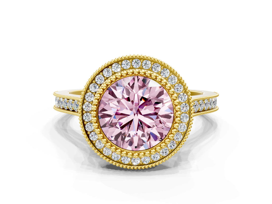 Yellow gold Fancy Pink Round  Diamond Halo Ring with Milgrain Frame and Pavé Band_28