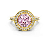 Yellow gold Fancy Pink Round  Diamond Halo Ring with Milgrain Frame and Pavé Band_28