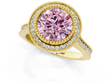 Yellow gold Fancy Pink Round  Diamond Halo Ring with Milgrain Frame and Pavé Band_29