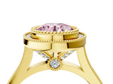 Yellow gold Fancy Pink Round  Diamond Halo Ring with Milgrain Frame and Pavé Band_32