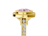 Yellow gold Fancy Pink Round  Diamond Halo Ring with Milgrain Frame and Pavé Band_33