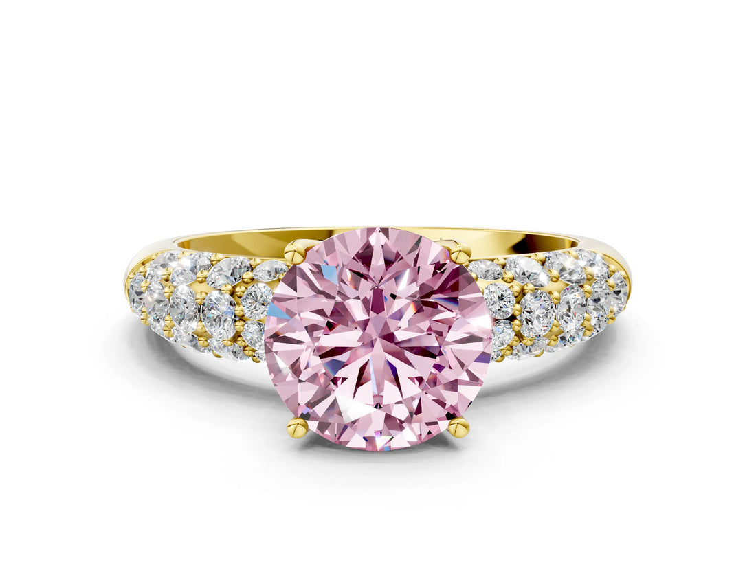 Yellow gold Fancy Pink Round  Diamond Pavé Band Solitaire Ring with Four-Prong Setting_29
