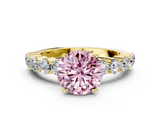 Yellow gold Fancy Pink Round  Diamond Pavé Band Solitaire with Four-Prong Setting