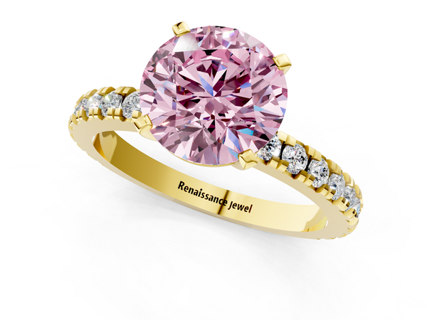 Yellow gold Fancy Pink Round  Diamond Pavé Band Solitaire with Four-Prong Setting