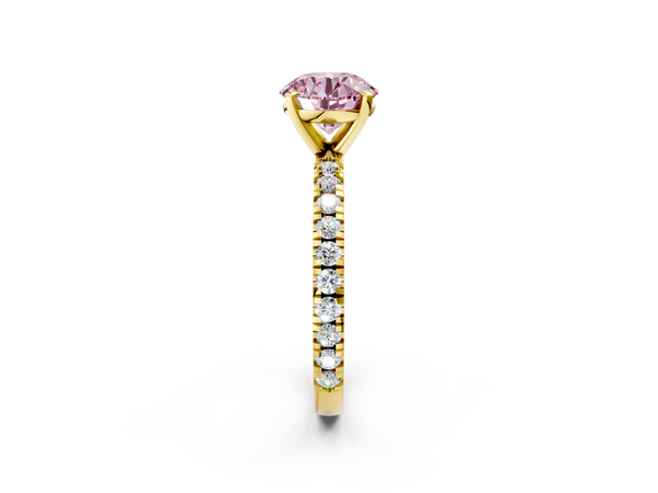 Yellow gold Fancy Pink Round  Diamond Pavé Band Solitaire with Four-Prong Setting