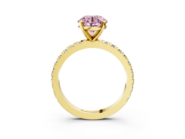 Yellow gold Fancy Pink Round  Diamond Pavé Band Solitaire with Four-Prong Setting