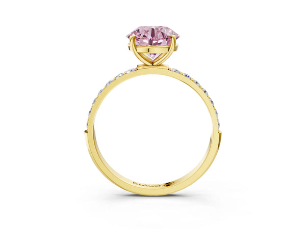 Yellow gold Fancy Pink Round  Diamond Pavé Band with Six-Prong Setting