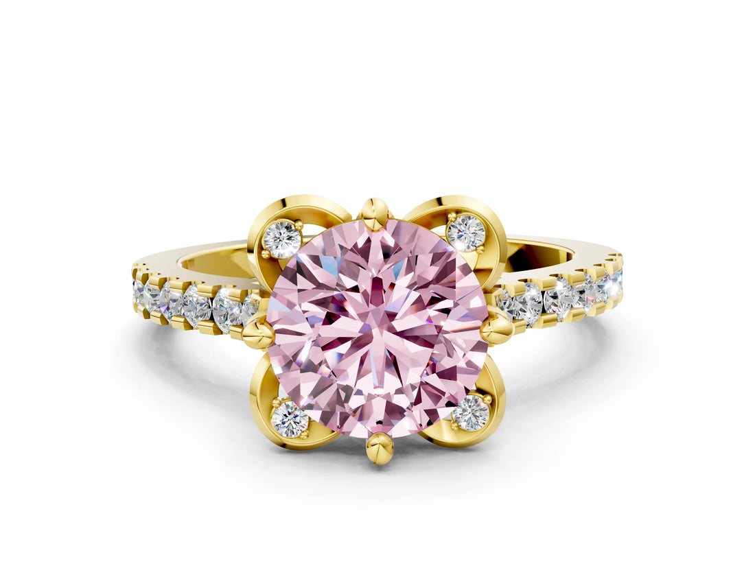 Yellow gold Fancy Pink Round  Diamond Pave Band with Floral Prong Setting_27
