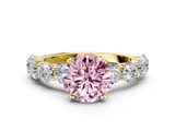 Yellow gold Fancy Pink Round  Diamond Prong Setting with Side Stones on a Pave Band