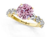 Yellow gold Fancy Pink Round  Diamond Prong Setting with Side Stones on a Pave Band_1