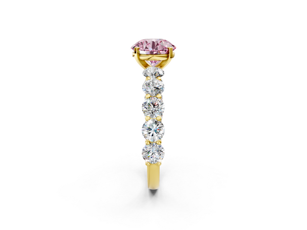 Yellow Gold Round Side Stone Engagement Ring Setting for Fancy Pink Center with Round Accents