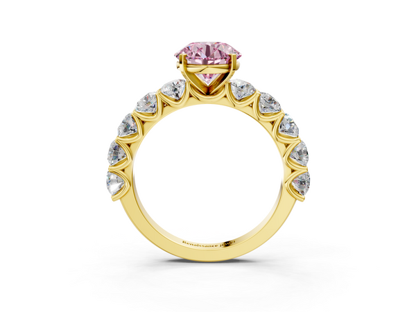 Yellow Gold Round Side Stone Engagement Ring Setting for Fancy Pink Center with Round Accents