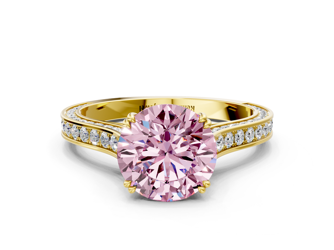 Yellow gold Fancy Pink Round  Diamond Solitaire with Pave Band and Six-Prong Setting