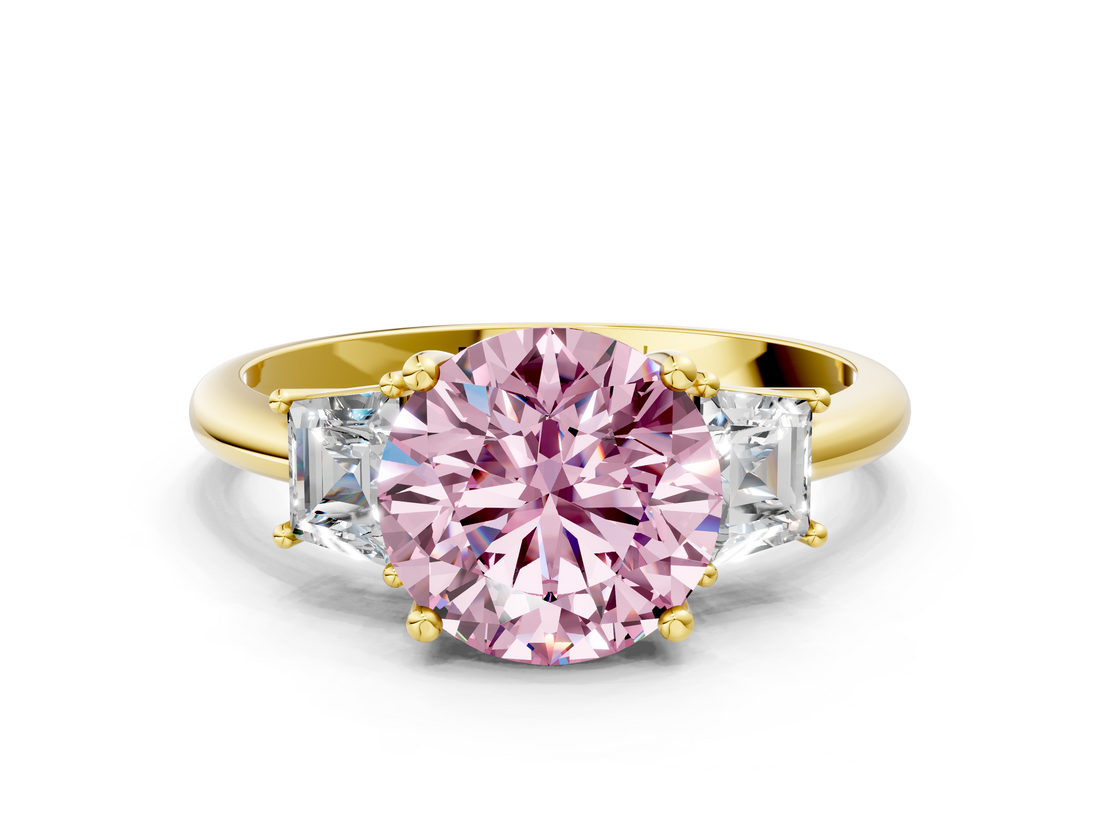Yellow gold Fancy Pink Round  Diamond Three-Stone Ring with Trapezoid Side Stones and Prong Setting