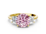 Yellow gold Fancy Pink Round  Diamond Three-Stone Ring with Trapezoid Side Stones and Prong Setting
