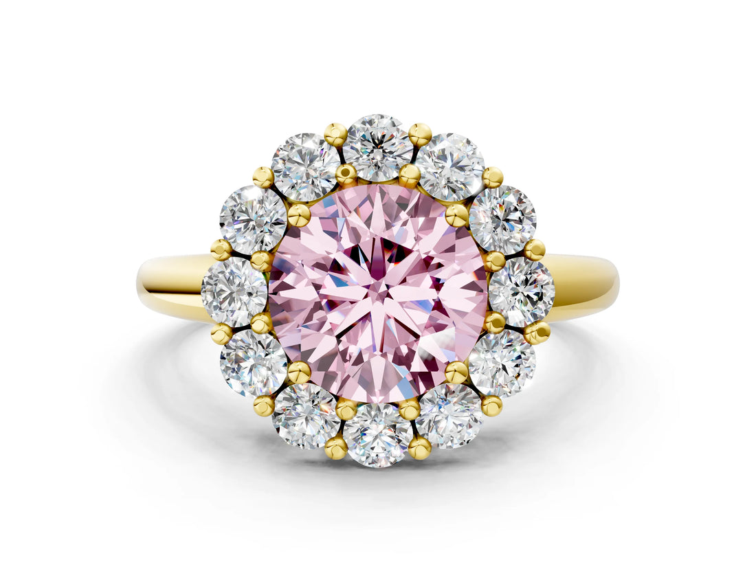 Yellow gold Fancy Pink Round  Halo Cluster Diamond Engagement Ring with Prong Setting and Polished Band_20