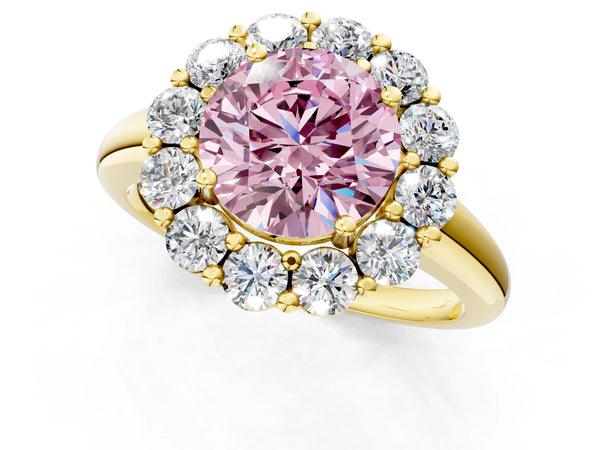 Yellow gold Fancy Pink Round  Halo Cluster Diamond Engagement Ring with Prong Setting and Polished Band