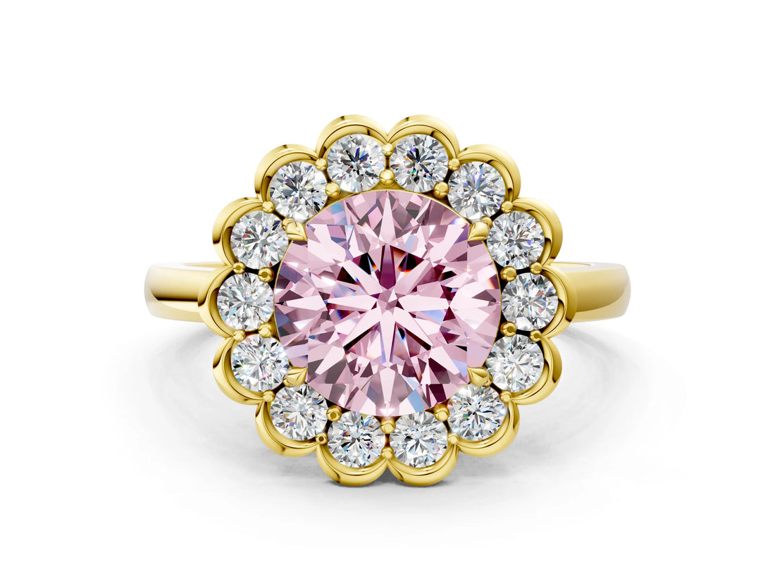Yellow gold Fancy Pink Round  Halo Cluster Diamond Engagement Ring with Solitaire Band and Prong Setting_53