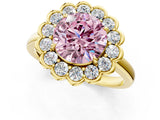 Yellow gold Fancy Pink Round  Halo Cluster Diamond Engagement Ring with Solitaire Band and Prong Setting_54