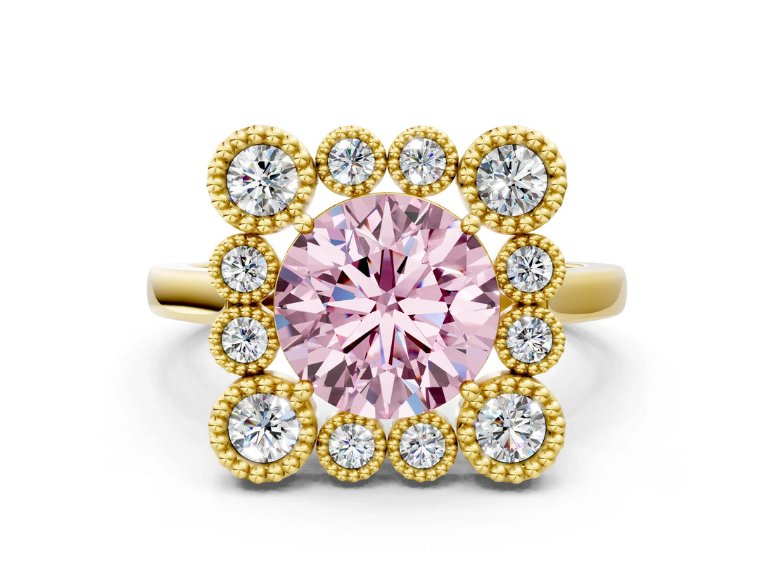 Yellow gold Fancy Pink Round  Halo Diamond Cluster Engagement Ring with Milgrain Bezel Setting and Solitaire Band_27