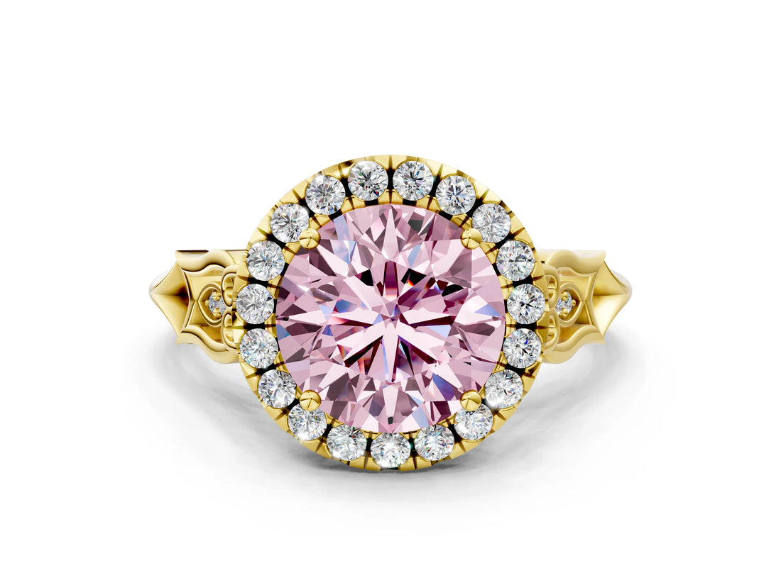 Yellow gold Fancy Pink Round  Halo Diamond Engagement Ring with Filigree Band and Four-Prong Setting_128