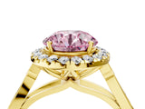 Yellow gold Fancy Pink Round  Halo Diamond Engagement Ring with Filigree Band and Four-Prong Setting_132