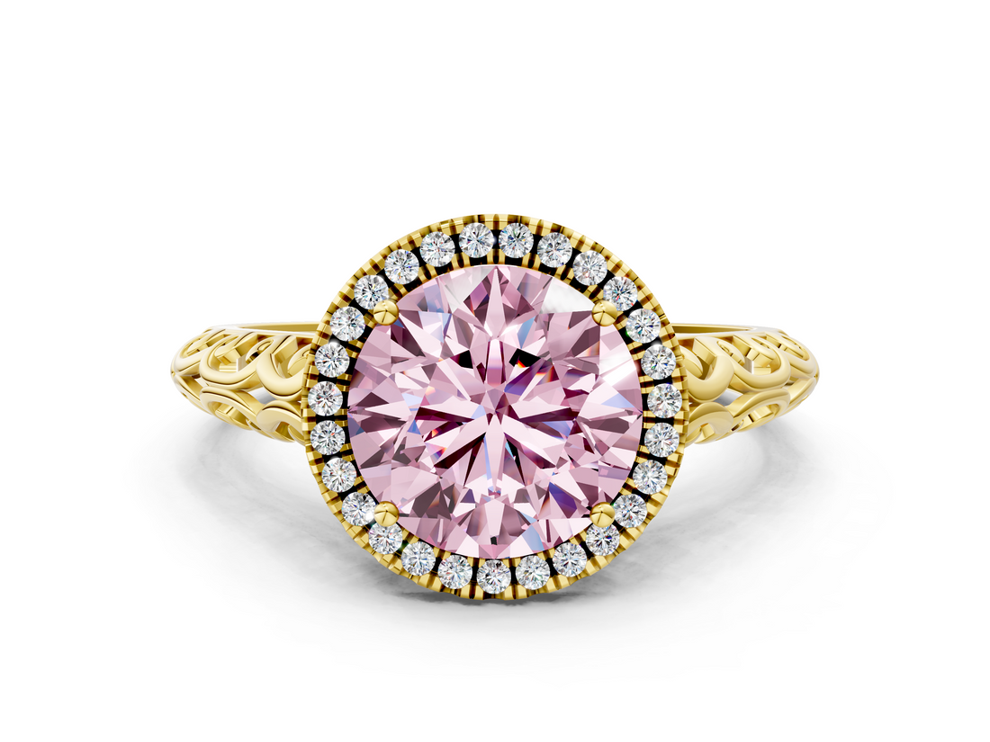 Yellow gold Fancy Pink Round  Halo Diamond Engagement Ring with Intricate Filigree Band and Four-Prong Setting