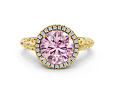 Yellow gold Fancy Pink Round  Halo Diamond Engagement Ring with Intricate Filigree Band and Four-Prong Setting