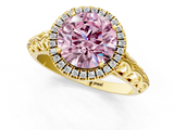 Yellow gold Fancy Pink Round  Halo Diamond Engagement Ring with Intricate Filigree Band and Four-Prong Setting_1