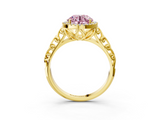 Yellow gold Fancy Pink Round  Halo Diamond Engagement Ring with Intricate Filigree Band and Four-Prong Setting_3