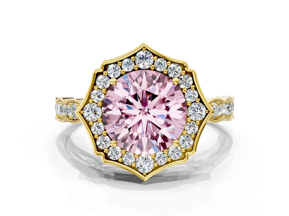 Yellow gold Fancy Pink Round  Halo Diamond Engagement Ring with Milgrain Band and Four-Prong Setting_16
