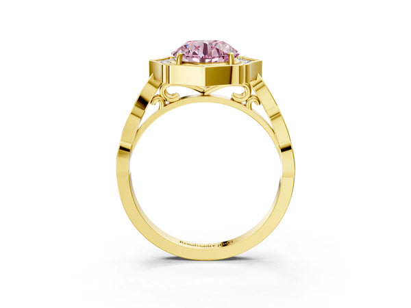 Yellow gold Fancy Pink Round  Halo Diamond Engagement Ring with Milgrain Band and Four-Prong Setting
