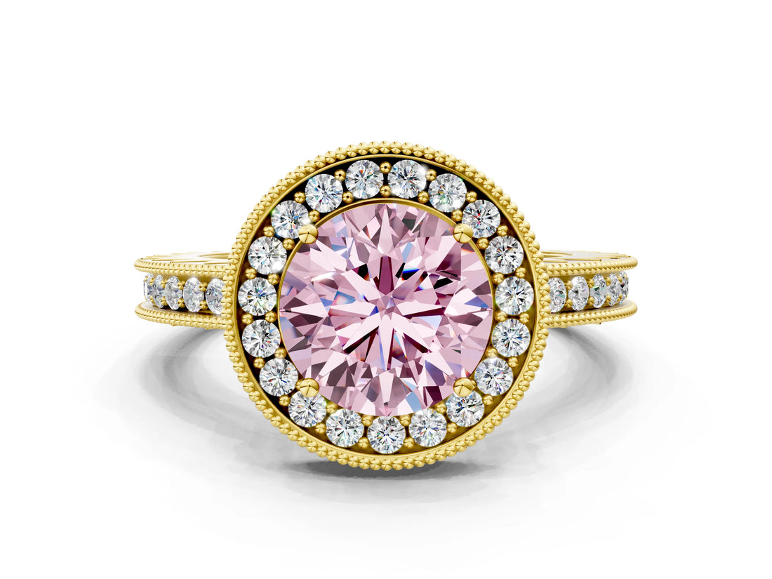 Yellow gold Fancy Pink Round  Halo Diamond Engagement Ring with Milgrain Pave Band and Four-Prong Setting_111
