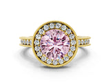 Yellow gold Fancy Pink Round  Halo Diamond Engagement Ring with Milgrain Pave Band and Four-Prong Setting_111