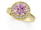 Yellow gold Fancy Pink Round  Halo Diamond Engagement Ring with Milgrain Pave Band and Four-Prong Setting_112