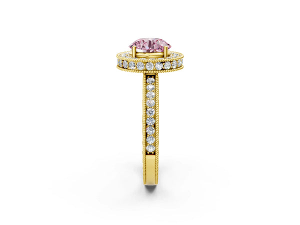 Yellow gold Fancy Pink Round  Halo Diamond Engagement Ring with Milgrain Pave Band and Four-Prong Setting