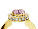 Yellow gold Fancy Pink Round  Halo Diamond Engagement Ring with Milgrain Pave Band and Four-Prong Setting_115
