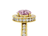 Yellow gold Fancy Pink Round  Halo Diamond Engagement Ring with Milgrain Pave Band and Four-Prong Setting_116