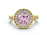 Yellow gold Fancy Pink Round  Halo Diamond Engagement Ring with Milgrain Pave Band and Four-Prong Setting_12